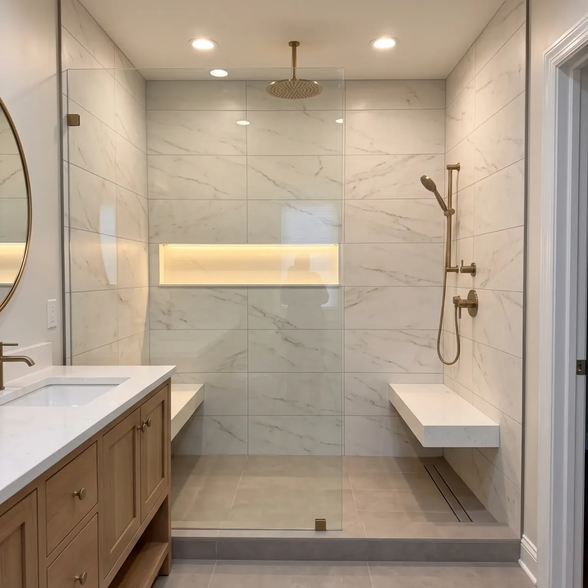 Marble-look walk-in shower with brass fixtures and floating bench